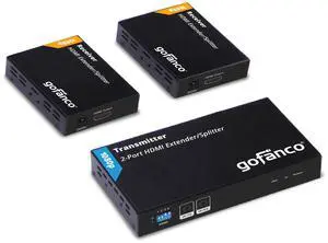 gofanco 1080p 1x2 HDMI Extender Splitter Over CAT5e/6/7 Ethernet Cable - 1080p, Up to 50m/165ft, HDMI Loopout, EDID Management, Bi-Directional IR Control, 1 in 2 Out (HDExt2P-Pro)