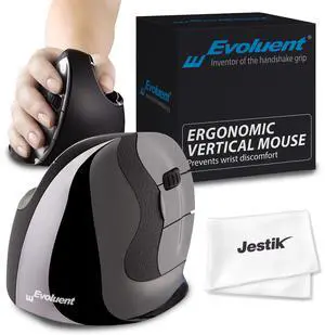 Evoluent Vertical Mouse D Medium (VMDM) - Ergonomic Wired Mouse for Laptop and PC with Jestik Microfiber Cloth