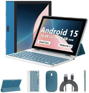 Android 15 Tablet 10 Inch, 18GB RAM+128GB ROM/2TB Expandable, 2 in 1 Tablets with Keyboard Case Mouse Stylus, 2.0GHz Quad-core Processor, 1280*800 IPS HD Screen, 5G WiFi6 BT 5.0, 8MP Camera Tableta