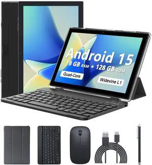 Android 15 Tablet 10 Inch, 18GB RAM+128GB ROM/2TB Expandable, 2 in 1 Tablets with Keyboard Case Mouse Stylus, 2.0GHz Quad-core Processor, 1280*800 IPS HD Screen, 5G WiFi 6 BT 5.0, 8MP Camera Tablet PC