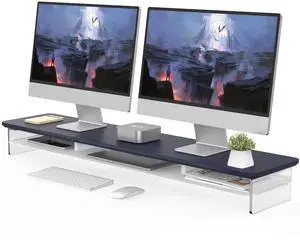 Fenge Acrylic Monitor Stand Riser, 42.5 Inch Clear Dual Monitor Stand with Metal Storage, 2 Tier Computer Riser for Desk, Laptop, Printer, TV