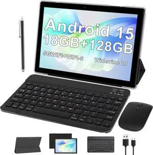 10 inch Tablet with Keyboard Android 15(NOT GO) Tablets 2 in 1 Tablet 18GB RAM 128GB Supports 2TB Expansion Tablets include Case Mouse Stylus 6000mAh Battery 2MP+8MP Dual Camera 5G WiFi6 10.1" Tableta