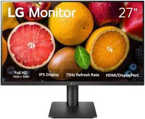 LG FHD (1920 x 1080) 27 Inch Computer Monitor, IPS, AMD FreeSync, 3-Side Borderless Design, Tilt/Height Adjustable Stand, 75Hz, 5ms, OnScreen Control, HDMI, DisplayPort, D-Sub, 27MP450-B, Black