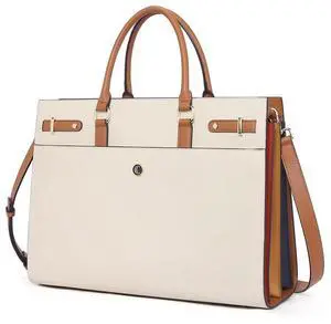 CLUCI Briefcase for Women Leather Laptop 15.6 Inch Business Ladies Work Computer Tote Bags Beige
