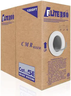 CAT5E Riser (CMR), 1000ft, UTP 24AWG, Solid Bare Copper, 350MHz, UL Certified, Easy to Pull (Reelex II) Box, Bulk Ethernet Cable in Gray