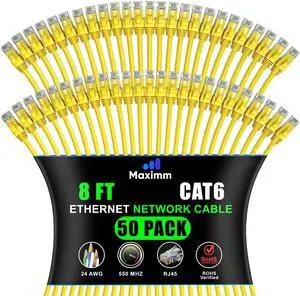 Maximm Cat 6 Ethernet Cable - 8 ft (50-Pack) - High-Speed LAN, Internet, Patch, and Network Cable - UTP, 10Gbps, 550MHz Ethernet Cord - Yellow