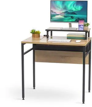 IRIS USA Computer Desk, 32" L x 22" W Slim Rustic Industrial Table with Monitor Stand, Matte Black Steel Frame, Heavy Duty Wooden Tabletop, Home Office Laptop Stand for Small Space