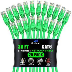 Maximm Cat 6 Ethernet Cable 30 ft (20-Pack) - High-Speed LAN Cable, Internet Cable, Patch Cable, and Network Cable - UTP, 10Gbps, 550MHz Ethernet Cord - Green