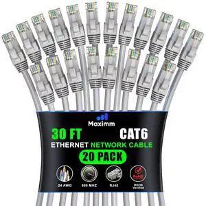 Maximm Cat 6 Ethernet Cable 30 ft (20-Pack) - High-Speed LAN Cable, Internet Cable, Patch Cable, and Network Cable - UTP, 10Gbps, 550MHz Ethernet Cord - Gray