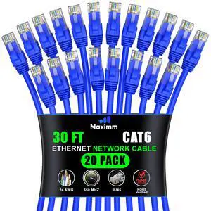 Maximm Cat 6 Ethernet Cable 30 ft (20-Pack) - High-Speed LAN Cable, Internet Cable, Patch Cable, and Network Cable - UTP, 10Gbps, 550MHz Ethernet Cord - Blue