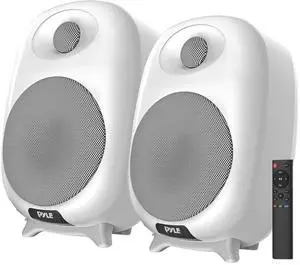 PyleUsa HiFi 60W Powered Bluetooth Bookshelf Monitor Speaker Set, Optical RCA in, Bass/Treble Adjustable, Deep Bass, 3 Audio Mode, Studio Computer Desk Stereo System, Remote Control, White - PBKSR40WT
