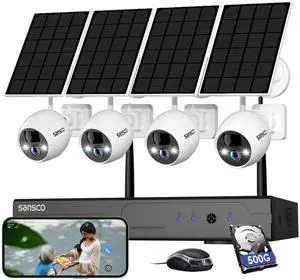 SANSCO Solar Security Cameras System Outdoor, 10CH 2K NVR Wireless Recorder with 500GB HDD, 180 Days Local Storage, 4X 4MP WiFi IP Camera - No Monthly Fee, Waterproof, 2-Way Audio, Color Night Vision