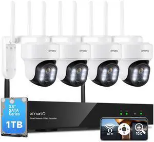 XMARTO 10X Zoom WiFi6 Security Camera System Wireless Outdoor/Indoor, 10CH 4K NVR with 4X 6MP HD Dual Lens Cameras with Auto Tracking, 1TB HDD (Plug-in 24/7 Surveillance, Long Range WiFi)