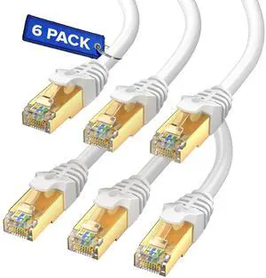Cat7 Ethernet Cable 3 Feet - 6 Pack High-Speed LAN Network Patch Cords, RJ45 Gold-Plated Connectors, 600MHz, 10Gbps - for Router, Modem, PC, Gaming, Streaming - White
