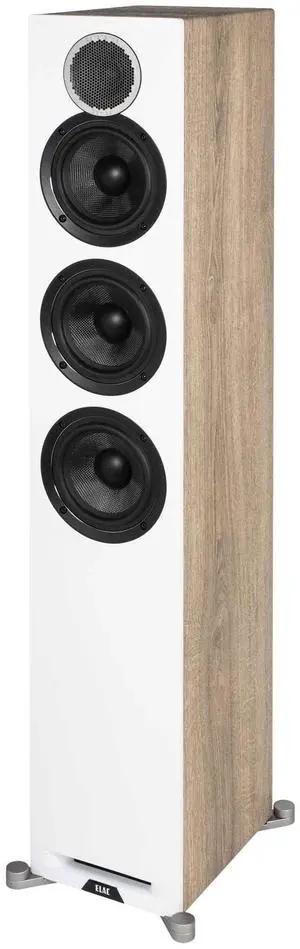 ELAC Debut Reference Floor Standing Speaker, Walnut or Oak Single Tower Speaker for Home Theater, White Baffle with Oak Sides