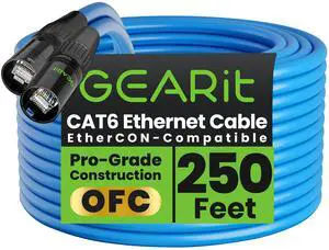 GEARit Shielded CAT6 Ethercon Cable (250 Feet) Professional Audio & Lighting RJ45 EtherCON-Compatible Cable for Studio, Stage, Concerts - 250ft Blue