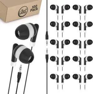 JustJamz Bulk Earbuds 100 Pack | Basic Ear Bud, Black Dot in-Ear Earphones, Disposable Headphones, Class Headphones Set for Students, Earphones for Class, Kids, Classroom, Library, Wired Earbuds