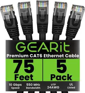 GEARit Cat 6 Ethernet Cable (5-Pack 75 Feet) Cat6 Network Patch, 10Gbps, RJ45, Snagless Cord, Gold-Plated Connectors, Internet for PC, TV, Tablet, Router, Printer, Servers, IT Data Center - Black