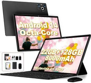 Dghrti 2025 Android 14 Tablet, 22GB RAM+128GB ROM+1TB Expand, 8000mAh Battery, 10.1 Inch Touchscreen, Octa-Core CPU, 2-in-1 Tablet with Keyboard&Mouse, Support BT5.0, GPS, WiFi - Black