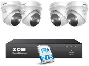 ZOSI 4K Spotlight PoE Security Camera System with Person Vehicle Detection,2 Way Audio,Color Night Vision,8 Port 16CH 8MP NVR with 2TB HDD,4pcs 5MP Outdoor PoE IP Cameras for Home 24/7 Recording