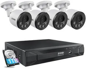 ZOSI 5MP 8CH PoE Security Camera System with Audio, 4pcs Outdoor PoE Cameras, Night Vision, Smart Human Detection, Remote Access, H.265+ 8 Channel 5MP 3K Home NVR with 1TB HDD for 24/7 Recording