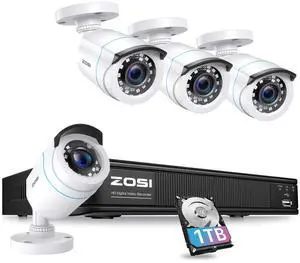 ZOSI H.265+ Full 1080p Home Security Camera System Outdoor Indoor, 5MP-Lite CCTV DVR 8 Channel with AI Human Vehicle Detection, 4 x 1080p Weatherproof Surveillance Camera, 80ft Night Vision, 1TB HDD