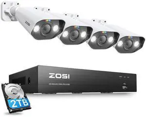 ZOSI 4K 8CH Spotlight PoE Security Camera System with 2TB HDD,4pcs 5MP Outdoor PoE IP Cameras,Smart Human Detection,2 Way Audio,Color Night Vision,8 Ports 16CH 8MP NVR for Home 24/7 Recording