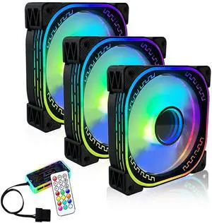 120mm RGB PC Case Fans 3 Pack with Adjustable Color Controlled by Remote - 12V Quiet Gaming Computer LED CPU Cooler Chassis Fans Black