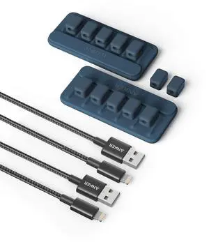Anker 6ft Premium Nylon Lightning Cable (2-Pack) & Cable Management, Magnetic Cable Holder (2-Pack, Blue)