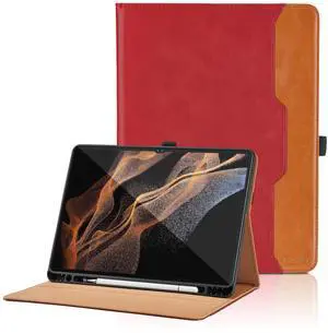 Case for Samsung Galaxy Tab S8 Ultra 14.6" 2022 (SM-X900/X906) - PU Leather Folio Case with S Pen Holder and Pocket, Auto Wake/Sleep Smart Tablet Cover, Red