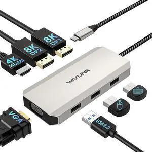 USB C Docking Station Dual DP Monitor, Displayport Docking Station with Dual DP, HDMI, VGA, USB2.0 Ports for Lenovo HP Dell, Windows System Computer