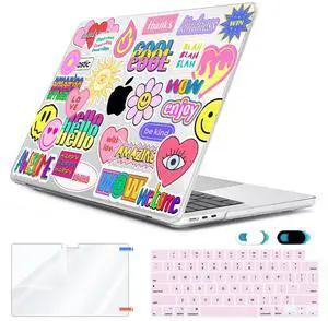 HOHAIYOO Compatible with 2025 2024 2023 MacBook Air 15 inch Case M4 A3241 M3 A3114 M2 A2941 with Retina Display & Touch ID, Plastic Hard Shell+Keyboard Cover+Screen Film+Webcam Cover, Trendy Patches