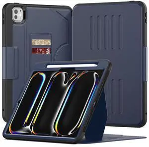 KAIJIAbox Case for iPad Pro 11 Inch M4 2024,Full Body PU Leather Auto Sleep/Wake Shockproof Cover with Pencil Holder,Card Slot,Strong Magnetic Multi-Angle Stand(Dark Blue)