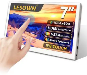 LESOWN Small Monitor 7 inch 1024x600 IPS Capacitive Touch 7" HDMI Wide Screen Portable LCD Display with Speakers for Raspberry Pi Laptop White