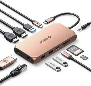 Docking Station USB C to Dual HDMI Adapter, ORICO 12 in 1 USB C Hub with Dual HDMI, DP 1.4, 100W PD, Ethernet, 2 USB-A 3.1, 1 USB 2.0, 1 Type-C 3.1, SD/TF, Audio, Compatible for Windows/Mac OSGold