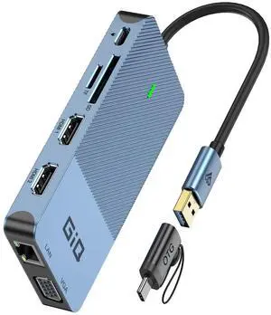 USB Docking Station GIQ USB C HUB USB 3.0 to Dual HDMI VGA Adapter Triple Display USB C Laptop Docking Station Dual Monitor HDMI Splitter Extender Compatible with MacBook M1 M2 USB Dock-Blue
