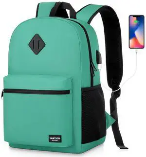 YAMTION School Backpack for Teens,Green Bookbag Classic Backpack with USB Port for High School College Students