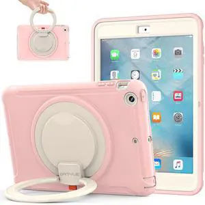 BATYUE iPad Mini Case for iPad Mini 1/2/3 Generation Heavy Duty Three Layer Hybrid TPU+PC Full-body Rugged Protective Case With Handle Grip/360° rotating stand for Kids Girls Boys Students(CheeryPink)