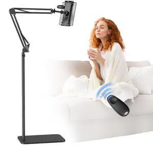 QIWAS Floor Kindle Holder with Remote Page Turner for Reading in Bed, Tablet Stand with Universal Lazy Arm for Kindle Accessories, Hand-Free Tablet Mount Holder with Clicker for Phone, Ereader Device
