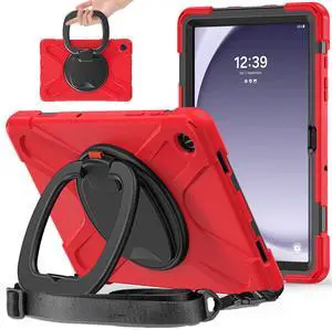 PboyiqiS Case for Galaxy Tab A9 Plus 11" 2023 (SM-X210/ X215/ X216), Heavy Duty Protective Case with 360 Degree Swivel Stand&Hand Strap&Shoulder Strap (Red)
