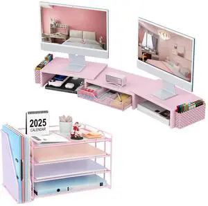 gianotter Dual Monitor Stand Riser + 4-Tier Paper Organizer (Pink)