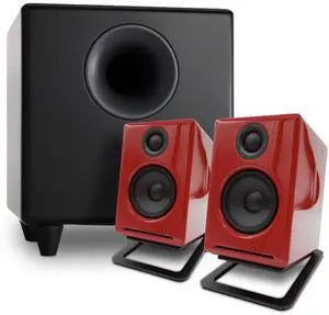 Audioengine A2 Red Computer Speakers with S8 Black Subwoofer and DS1M Metal Stands