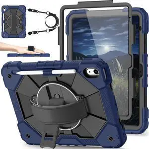Nitupai Case for iPad 10th Generation 10.9 Inch 2022 / iPad A16 Case 11 Inch 2025 with Screen Protector 10th Gen Cover for Kids Pencil Holder 360° Rotating Stand Shoulder Strap, Navy Black