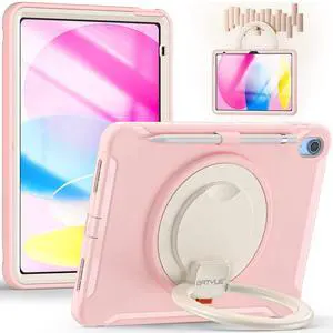BATYUE Case for iPad (A16) 11th/10th Generation 10.9'' inch 2025/2022, Rugged Protective Shockproof Cover for Kids Girls with Screen Protector, 360° Rotating Stand, Pencil Holder, Cheery Pink