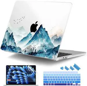 DONGKE Compatible with M4 MacBook Air 15 inch Case 2025 2024 2023 A3241 A3114 A2941 M3 M2 Liquid Retina Display Touch ID, Plastic Hard Case & Keyboard Skin & Screen Protector - Watercolor Mountain