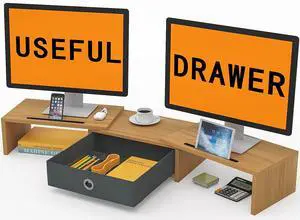 WESTREE Dual Monitor Stand Riser with Drawer - Adjustable Length and Angle, 2 Phone Hold, Desktop Organizer for Computer/Laptop/PC/Printer