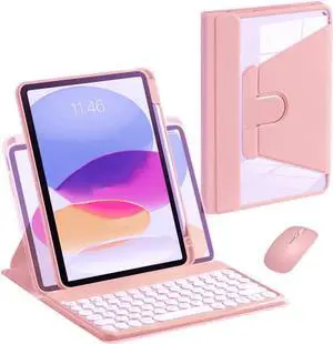 AnMengXinLing Keyboard Case for iPad 11 inch 2025(A16)/iPad 10 2022 with Mouse, 360 Rotatable Case with Keyboard,Clear Cover with Pencil Holder Round Key Keyboard (Pink)
