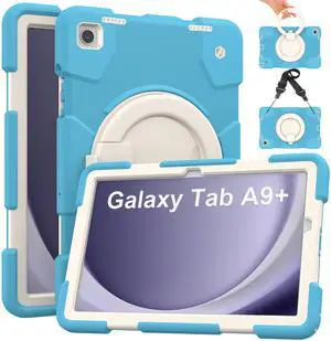 Andnary Case for Samsung Galaxy Tab A9+, Heavy Duty Shockproof Cover with Pencil Holder/360° Rotating Handheld Stand/Shoulder Strap, A9 Plus Case 11 Inch 2023 for SM-X210/X216/X218, Blue
