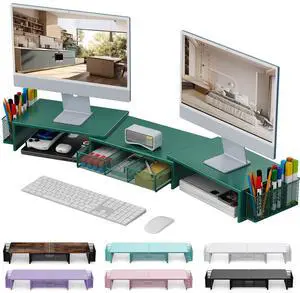 gianotter Dual Monitor Stand Riser, Desk Organizer With Drawer and 2 Pen Holders, Monitor Stand for Desk, Office Decor Essentials (Green)