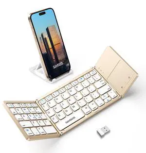 Samsers Multi-Device Foldable Bluetooth Keyboard with Touchpad, Rechargeable Dual-Mode(2.4G+BTx2) Wireless Keyboard with Holder, Portable Folding Keyboards for Android Windows iOS Mac OS - Gold